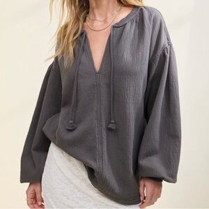 aerie Charcoal Gray Textured V-Neck Top with Tassel Tie